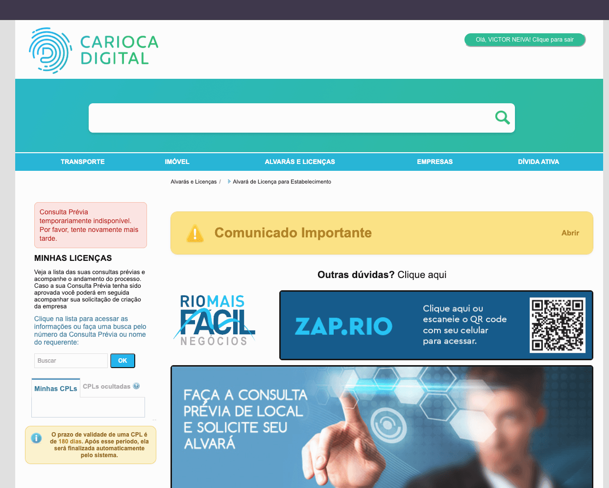 Tela do portal JUCERJA mostrando as etapas para abrir CNPJ médico no Rio de Janeiro
